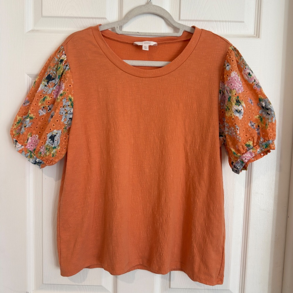 LC Lauren Conrad Womens XL Orange Floral Eyelet Puff Sleeve Textured Knit Top